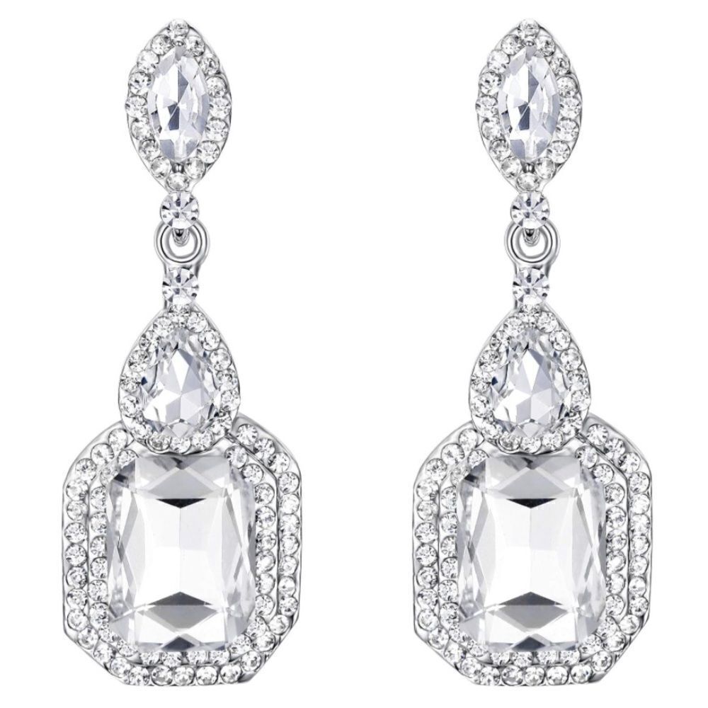 Silver with White Diamond Austrian Crystal Statement Chandelier Clip On Earrings